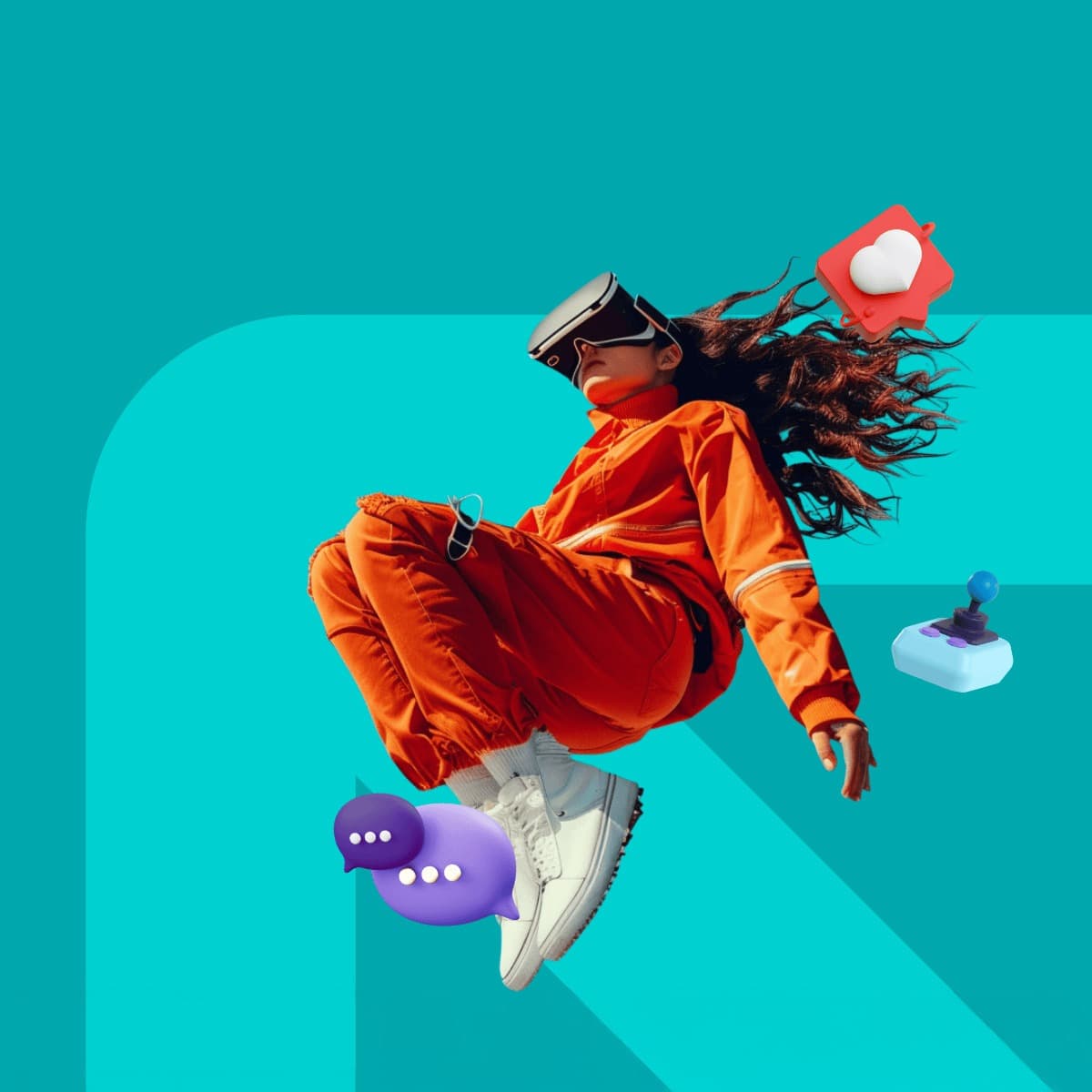 Eine junge Frau schwebt mit einer VR-Brille auf